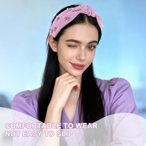 Purple Headband Bow Pearl Knotted Headbands for Women Girls Cute Fashion Wide Headbands for Women Non Slip Hairbands Head Bands for Women's Hair Bow Hair Accessories - color: Purple-01
