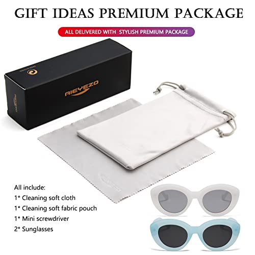 AIEYEZO Oversized Cat Eye Sunglasses for Women Cute Oval Thick Frame Cateye Sun Glasses Chic Retro Style Shades - color: 2 Set (Candy White + Blue)