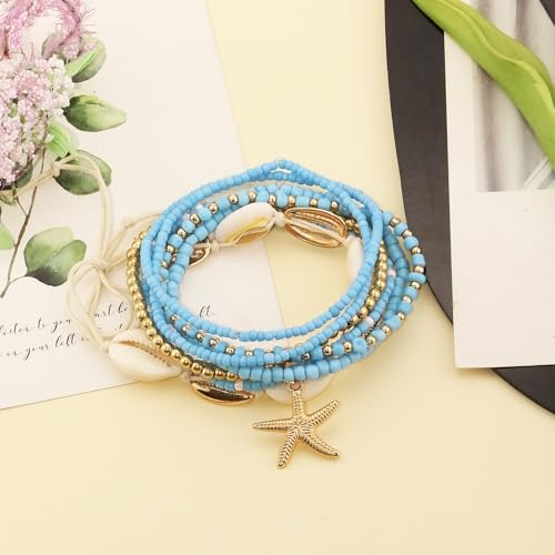 Shell Anklets Bracelet for Women Waterproof Surfer Starfish Bracelet Puka Shell Anklet Colorful Boho Stack Stretch Bead Bracelet Set Hawaii Summer Beach Vacation Foot Jewelry - color: Blue
