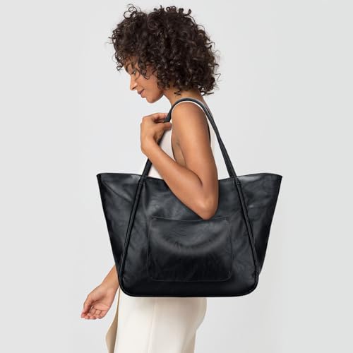 KKXIU Large Tote Bag for Women with Zipper Work Leather Travel Purse and Handbags - color: Black02