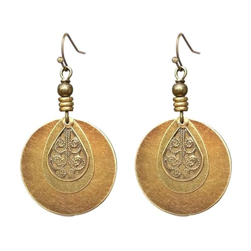 Bohemian Earrings - Dangle Boho, Handmade Antique Ethnic Jewelry, Vintage Carved Hoop Spiral Earrings for Women, Ethnic Brown Disc Round