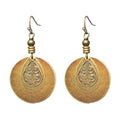 Bohemian Earrings - Dangle Boho, Handmade Antique Ethnic Jewelry, Vintage Carved Hoop Spiral Earrings for Women, Ethnic Brown Disc Round