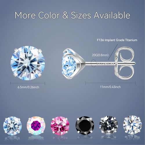 Moissanite Stud Earrings, G23 Hypoallergenic Titanium Stud Earrings for Women Men, Round Cut D Color VVS1 Clarity 18K White Gold Palted Multicolor Moissanite Jewelry, 0.6CT-3.0CT - color: Blue, size: (1.0ct*2)-6.5mm-2.0 Carat