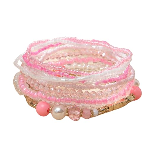 Handmade Bohemian Colorful Crystal Beaded Bracelets Set Multilayered Stackable Boho Stretch Adjustable Bangle Cuff Friendship Summer Beach Jewelry for Women - color: pink