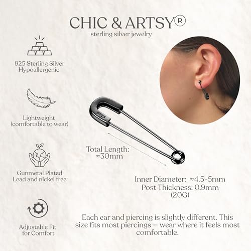 CHIC & ARTSY 925 Sterling Silver Safety Pin Earrings - Lightweight Comfortable Punk Paperclip Cartilage Hoop Earrings, Trendy Industrial Style Jewellery for Women and Men - color: Black-#1