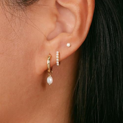 3 Pairs Small Earring Stacks, 14K Gold/Silver/Black/Rose Gold Plated Pearl Heart Butterfly Star Diamond Charm Drop Huggie Earrings Trendy Jewelry Gift for Women - color: Gold-Pearl