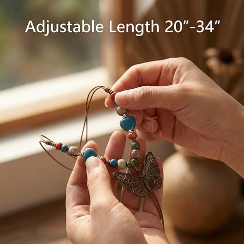 Boho Necklace for Women,Vintage Butterfly Pendant Necklaces,Adjustable Wooden Beads Layered Braided Choker,Fashion Tribal Style Leather Rope Necklace Jewelry,Chunky Statement Gift for Women - color: Colorful2