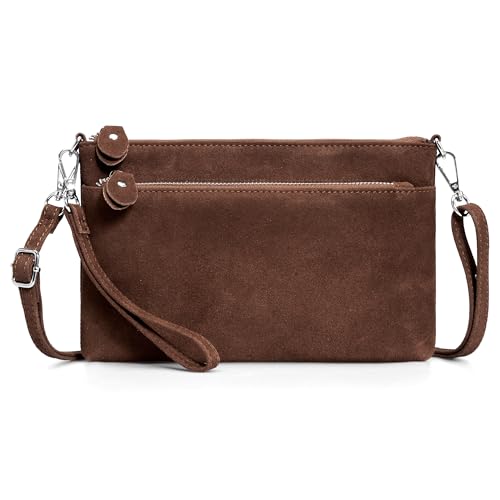 befen Genuine Leather Wristlet Clutch Wallet Purses with RFID Blocking, Small Crossbody Bags Shoulder Handbag for Women - color: Suede Brown