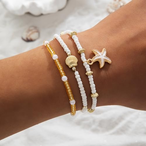 Ankle Bracelets for Women Waterproof Beach Jewelry for Women Elastic Beaded Anklets Boho Seashell Pearl Starfish Anklets for Women Foot Jewelry - style: 4 - 3 layer shell starfish