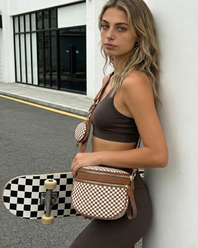 Valentoria Large Woven Leather Crossbody Bags for Women Checkered Bum Bag Sling Bag Purse Adjustable Strap Detachable Wallet | Woven - color: Brown&white Checkered