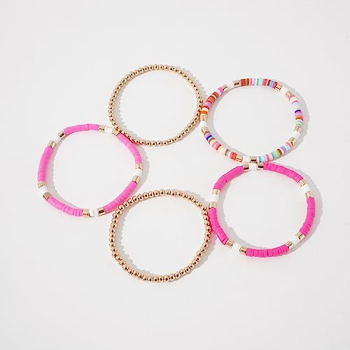 GOOJIDS Surfer Heishi Clay Bead Bracelets for Women Bohemian Stackable Gold Plated Beaded Stretch Bracelets Elastic Layering Friendship Bracelets Set Boho Jewelry - color: A-Multicolor Rose Sets