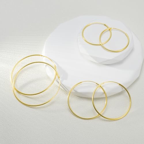 Gold Hoop Earrings for Women, 14K Gold Earrings for Women, Dainty Gold Vermeil Endless Thin Hoops, 14K Gold Plated 925 Sterling Silver, 35/45/55mm - size: 55mm