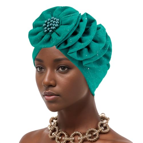 Erinaco Women Sparkle Sequin African Turban Bow Knot Pre-Tied Cap Pleated Ruffle Bonnet Beanie Hat Headwrap Skull Caps - color: Beaded Green