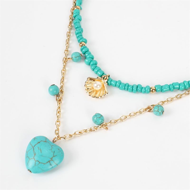 Pingyongchang Boho Layered Western Turquoise Necklaces for Women Vintage Stone Beaded Chokers Butterfly Catus Chain Country Concert Cowgirl Cowboy Jewelry Holiday Gifts - style: E Heart
