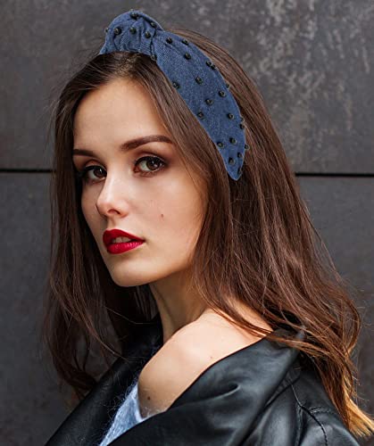 Blue Knotted Headband for Women is a Comfy Denim with Black Pearl Headbands for Women Dark Blue Jean Headband Top Knot for Girls Hair Fashion Designer - color: Blue Denim Black Pearl