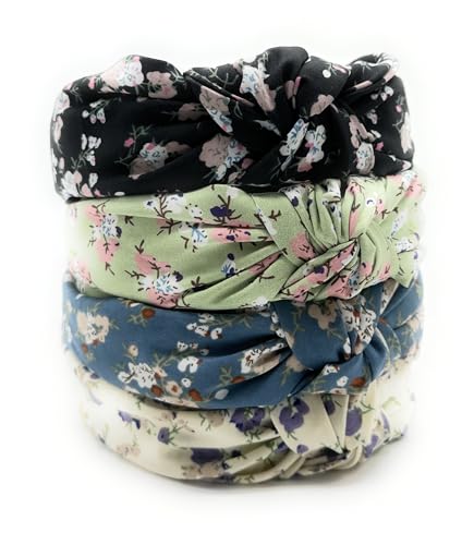Fall Pastal Blue Bloom Floral for All Day, Colorful Autumn Flower Satin Headbands for Women, Silk Feel, Soft Fabric, Knotted Headband Fashion Designer Top Knot Womens Girl - color: Blue Bloom