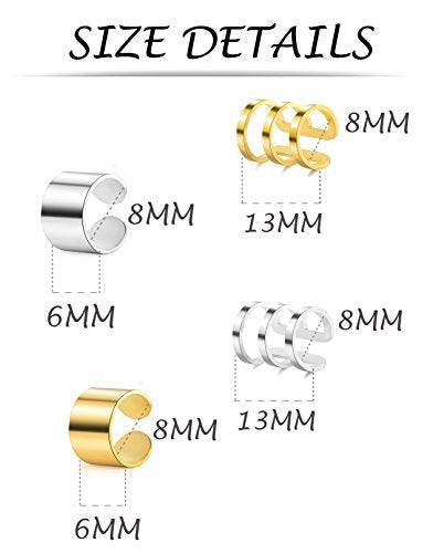 Tornito 4-10 Pairs Stainless Steel Ear Cuff Helix Cartilage Clip On Wrap Earrings Fake Nose Ring Non-Piercing Adjustable - color: B3:4 Pairs, Silver&Gold Tone