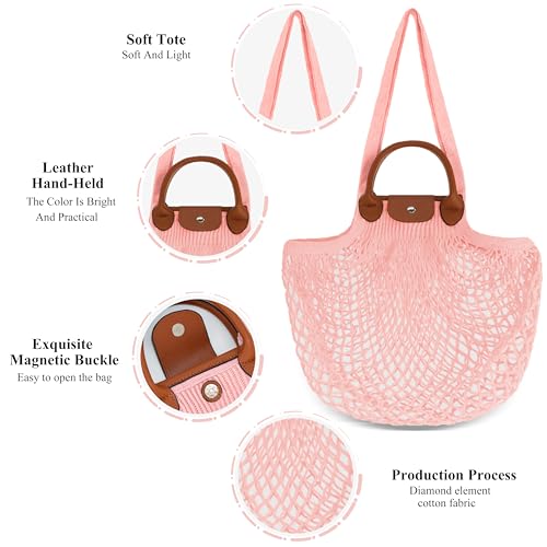 Hibala Woven Bag for Women, Fishing net bag,Straw Mesh Tote Bag, Beach,Hobo Bag, Foldable Large Capacity (Pink)