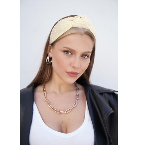 YISSION 1PC Pearl Knotted Headband for Women Non Slip Beaded Headband Wide Pearl Headbands Jeweled Embellished Hairband Off-white Head Band Hair Accessories for Women Girls - color: Off-white