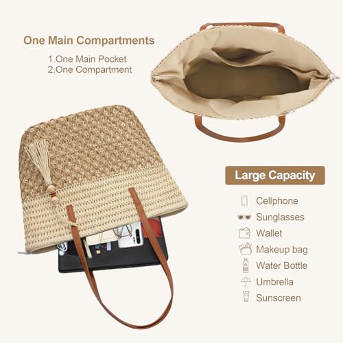 YAMEIZE Straw Woven Beach Shoulder Bags for Women Big Foldable Straw Tote bag Lightweight Raffia Bag with Zipper Summer - color: Multicolor