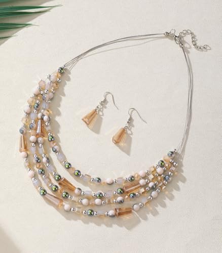 Errally Layered Beaded Statement Necklace Multi Strand Crystal Beads Collar Necklace and Earring Sets for Women Fashion Costume Jewelry Set Gifts for Her - color: Champagne