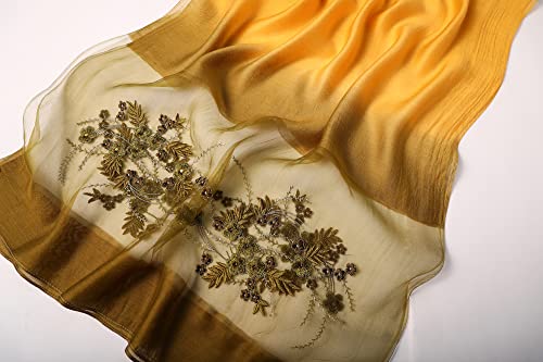 WINCESS YU Women Mulberry Silk Scarf Long & Large Embroidered Floral Pattern Shawl and Wraps Neckerchief for Hair & Neck - color: Gradient Yellow