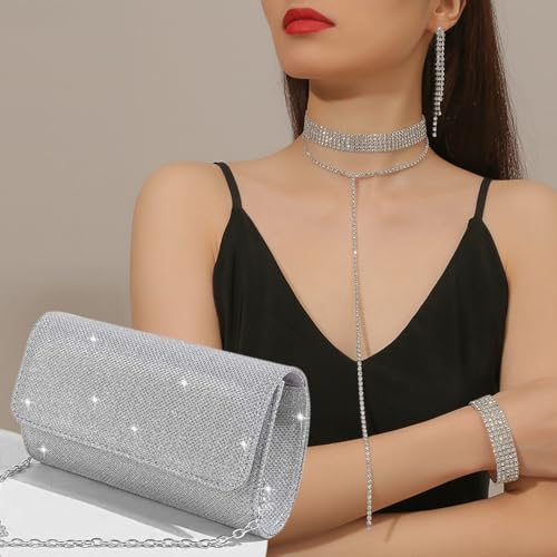 EIELO Rhinestone Jewelry Set for Women Wedding Bridal Triangle Clutch Bag Silvery Clutch Purse Glitter Choker Necklace Tennis Stretch Bracelets Ring Dangle Fringe Earrings Set - style: Silvery Clutch Purse