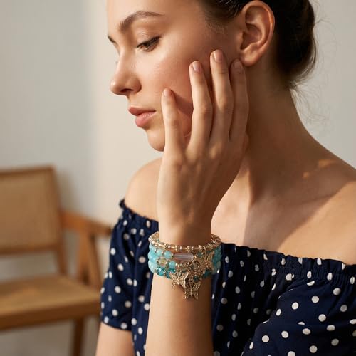 Bohemian Bracelet Sets for Women - 4-Pack Stackable Stretch Bead Bracelets with Black＆White Crystal & Gold Accessories, Multi-Layer Boho Jewelry - color: turquoise butterfly