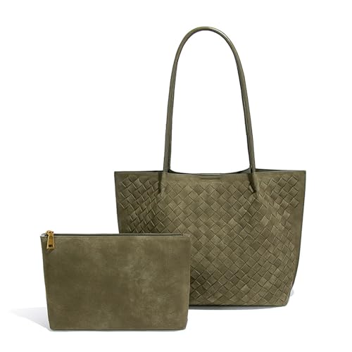 Women's Luxury Handmade Woven Tote Bag, Beach Bag Set, Elegant Age Reducing Travel Commuter Bag Set - color: Frosted Material 12# Olive Green