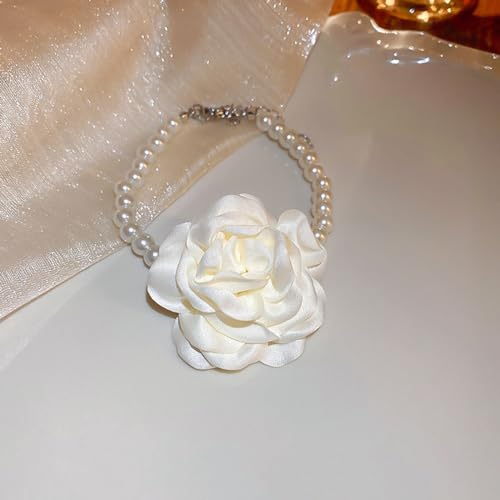 Vintage Imitation Pearl Bracelet with Rose Flower Charm Dainty Pearl Wrist Band Boho Rose Hand Accessories for Women Bridal Wedding Prom Festival - color: Ivory