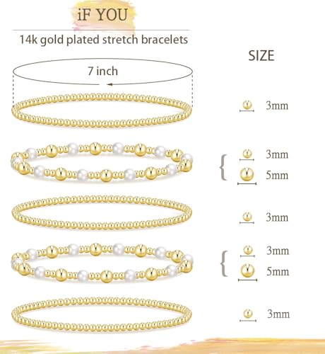 Gold Beaded Bracelets for Women, 14K Real Gold Plated Jewelry for Women Dainty Pearl Bead Bracelets Stack, Non Tarnish Trendy Stackable Ball Cross Stretch Bracelet Set Fashion Accessories Gifts - color: Gold pearl small bead