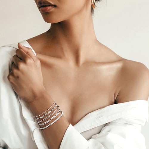 adoyi Gold Bracelets for Women, 14K Gold Plated Stackable Bracelet Stack Set Adjustable Charm Paperclip Chain Cuban Link Layered Waterproof Jewelry Sets Gifts for Womens - color: Silver 6.8 IN General Wrist