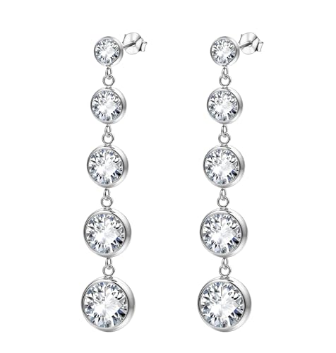 Women's Long Sparkly Dangle Earrings Hypoallergenic Stainless Steel 14K Gold Plated Lightweight CZ Statement Studs - color: Silver