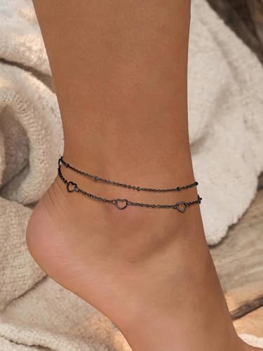 FindChic Black/Silver/Gold Plated Anklets Set of 2PCS/3PCS Herringbone Chain Cuban Link Heart Charm Sparkling Tennis Ankle Bracelets, Waterproof Summer Foot Jewelry for Beach - color: 07. Black-Layered Heart Charm