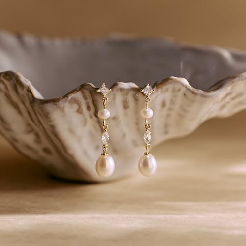 Pearl Earrings for Women, 14k Gold Plated Trendy Diamond Pearl Drop Earrings Hypoallergenic Dainty Bridal Gifts Wedding jewelry for Women - color: G - Gold