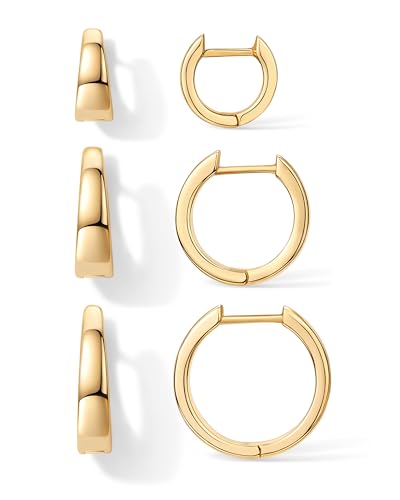 PAVOI 18K Gold Plated 925 Sterling Silver Posts Small Hoop Earrings for Women - Trendy Geometric Plain Chunky Huggie Earscape Piercing Pack - Hypoallergenic Everyday Gold Hoop Earrings Set - style: Wide