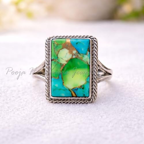 Multi Turquoise Gemstone Rectangle Ring for Women, 925 Sterling Silver Handmade Statement Rings, Boho Vintage Jewelry