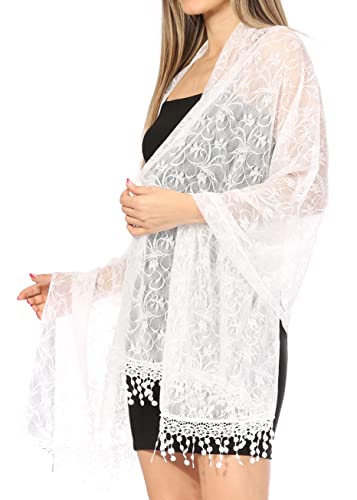 Sakkas Mari Women's Large Lightweight Soft Lace Scarf Wrap Shawl Floral and Fringe - color: Style4-white