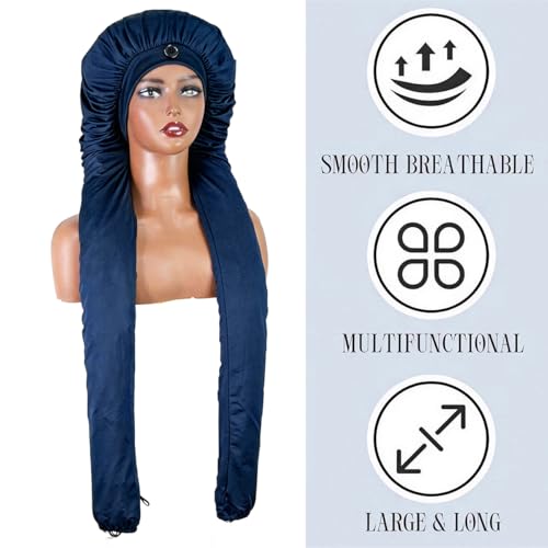 Bonnet for Braids, Braid Bonnets for Sleeping Women, Long Hair for Women, 2 in 1 Hair & Braids Protection - color: Navy Blue