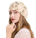 ZLYC Women Cotton Crochet Slouchy Beanie Hat Handmade Knit Summer Skull Cap - color: Decorative Flowers Beige
