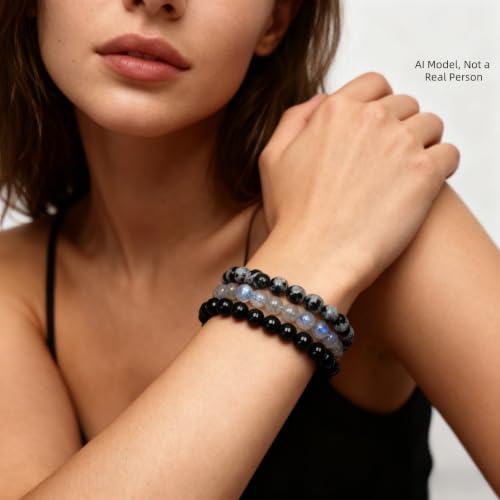 6mm Obsidian Labradorite Stackable Bracelet Set for Women | Round semi-precious stone beads elastic stretch fit calming yoga crystal, stackable daily wear & nice jewelry gift for women