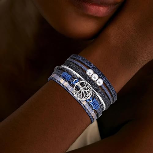 Long tiantian Leather Bracelets for Women Men Heart Wrap Bracelets Western Jewelry Cowgirl Outfits Birthday Gifts for Her - color: D4:blue leather bracelet