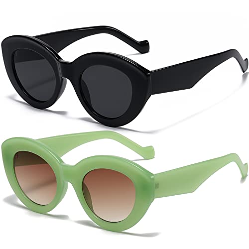 AIEYEZO Oversized Cat Eye Sunglasses for Women Cute Oval Thick Frame Cateye Sun Glasses Chic Retro Style Shades - color: 2 Set (Black + Green)