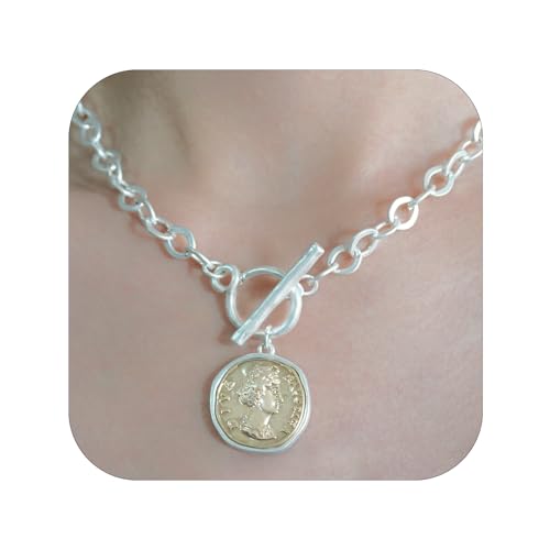 Chunky Gold Coin Pendant Necklace Trendy Layered Statement Chain for Women, Antique Toggle Design with Thick Link, Fashionable Necklaces for Women - color: Sliver/Worn Gold