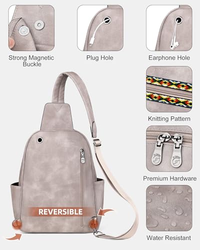 FADEON Large Sling Bag for Women, Leather Crossbody Purse Designer Anti Theft Sling Backpack, RFID Fanny Packs for Travel - color: Grey Retro Style