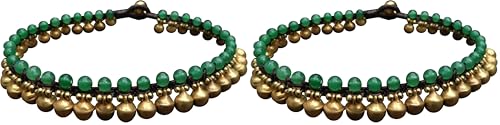 Infinityee888 Trendy Fashion Anklet Green Jade and Brass Bell Ankle Bracelet 10 Inches Woven with Wax Cord Beautiful Handmade Hippie Bohemian Style - size: 10 inches (Pack of 2)