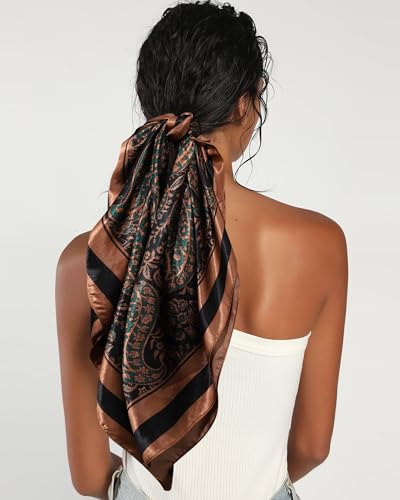 AWAYTR 35” Satin Head Scarf for Women Like Silk Scarf for Hair Scarf Satin Hair Bandana Women Headscarf Hair Wrap Scarf Neck - color: Coffee