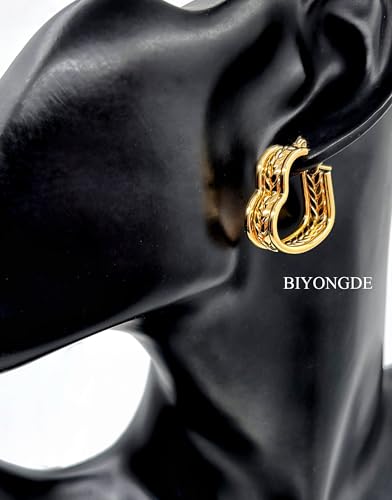 Gold Color Hoop Earrings for Women, Stainless Steel Wide Band Hoop Earrings with Twisted Rope Design, Womens Fashion Statement Dangle Earrings with Engraved Wheat Pattern - style: Heart