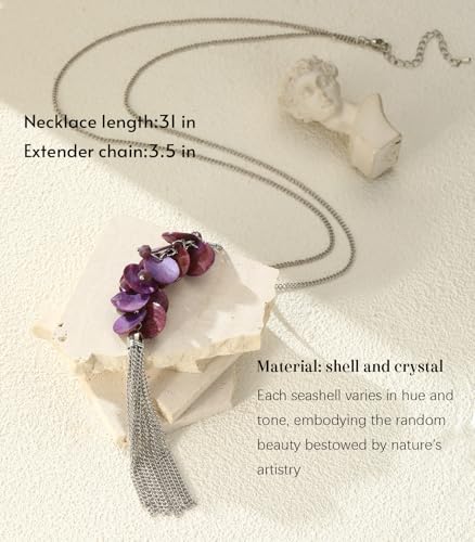 Noessla Boho Long Pendant Necklaces for Women Silver Tassel Long Necklace Sweater Chain Mothers Day Gifts Silver Costume Jewelry for Women - color: 81-Purple