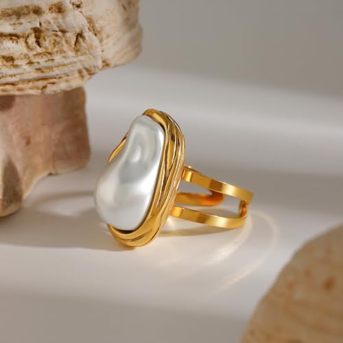 Boho Red Heart Gold Band Rings Pearl Ring, Dainty Adjustable Statement Rings, Open Wrap Stackable Finger Ring Gold Fashion Jewelry Gifts for Women - color: Gold Ring - Pearl